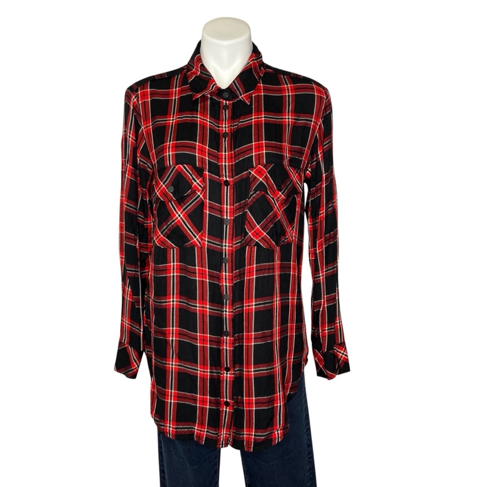 SANCTUARY Plaid Shirt Long Sleeves Snap Front Tunic Red Black Womens Small